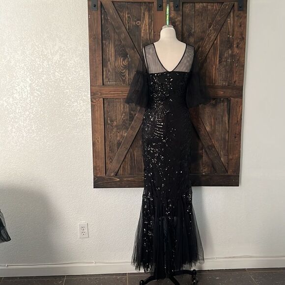Tulle black Flared Sleeve Evening Party Dress Elegant Mermaid gown dress Medium - Picture 11 of 16